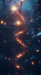 A vertical visualization of a glowing CRISPR-Cas9 gene, twisting DNA strands illuminated by light in a dark, ethereal environment with particles drifting around