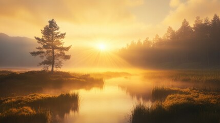 The quiet beauty of a river valley, pine forest and sunrise light playing together amidst the morning fog.