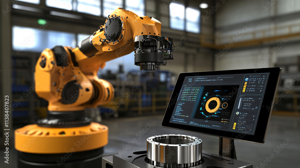Poster an ai-powered robotic inspection system scans components with precision, showcasing advanced technol