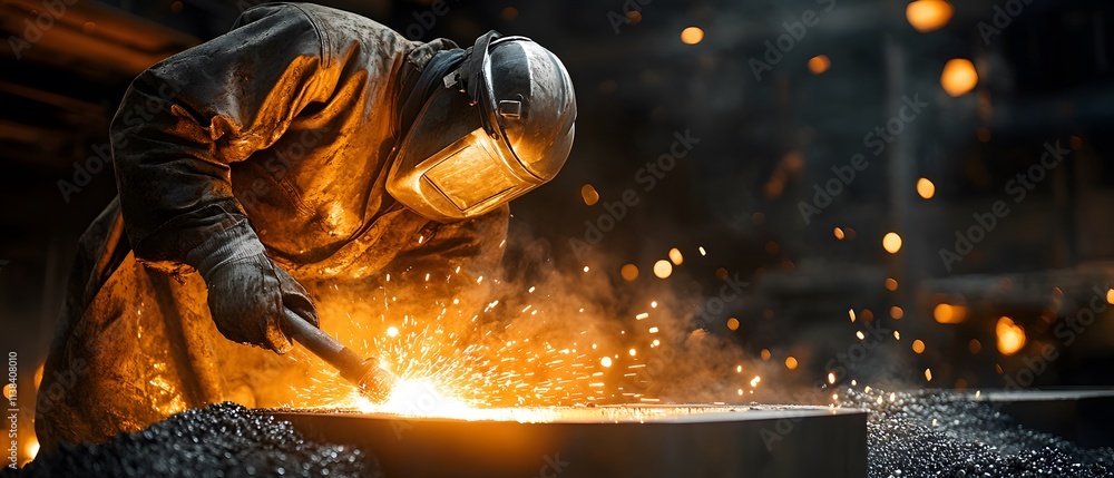 Aufkleber skilled welder working in a workshop, creating sparks and bright flames from molten metal in an indu