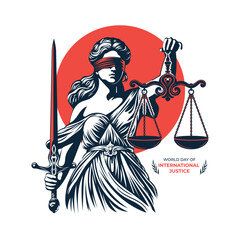 Lady Justice holding scale and sword with hand drawn engraving style vector illustration