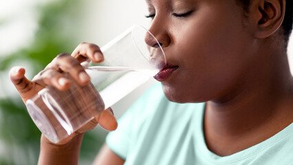 Keep hydrated for healthier living. Overweight black woman drinking clear mineral water from glass indoors. Plus size African American lady taking care of her wellbeing at home