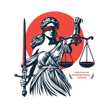 Lady Justice holding scale and sword with hand drawn engraving style vector illustration