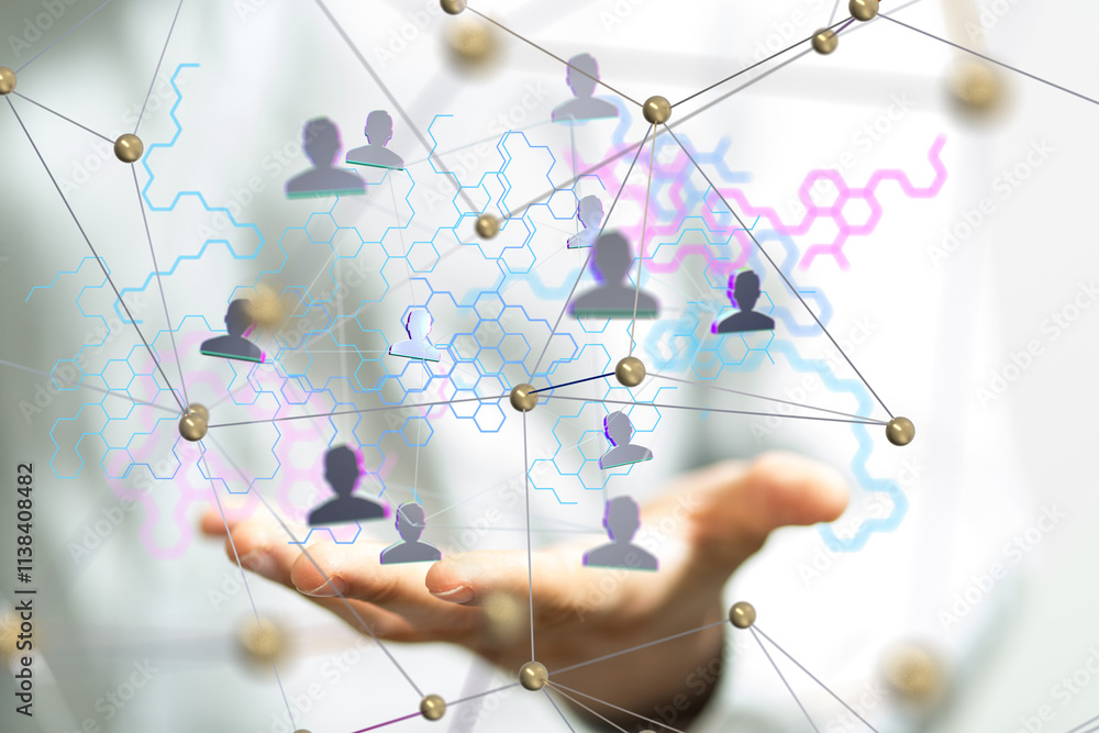 Poster Neural network concept. Connected cells with links.