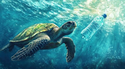 Fototapeta premium Sea turtle swimming near plastic bottle in ocean.