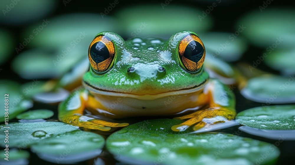 Poster a vibrant green frog resting on lily pads in a tranquil pond.