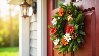 Fototapeta premium Wreath adorned with flowers and pinecones brightens the red door on a warm autumn afternoon