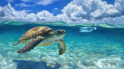 Obraz premium Sea turtle swimming near plastic bottle in ocean. (2)