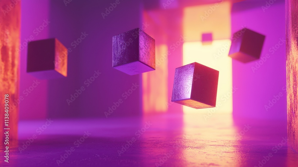 Aufkleber floating metallic cubes in gradient light abstract visual art digital environment futuristic concept