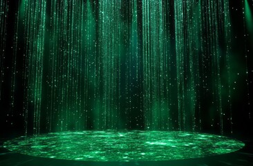 Green Glittering Rain Falling Onto Luminous Stage