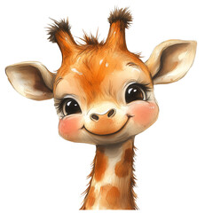 The cutest giraffe baby. Cartoon watercolor cozy first baby animal smile. Cute children's illustration. Without background in png format.