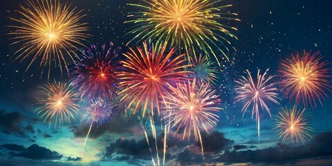 Fototapeta premium New Year Celebration Spectacular Fireworks Festive Night Sky Colorful Lights Excitement and Joyful Vibes