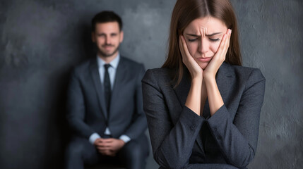 Gaslight manipulation toxic narcissism and abuse psychology concept. A woman appears distressed with her hands on her face, while a man sits calmly in the background, creating a contrasting emotional 