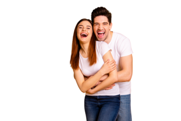 Portrait of his he her she two nice-looking lovely sweet attractive cheerful cheery positive people cuddling laughter isolated over vivid shine bright yellow background