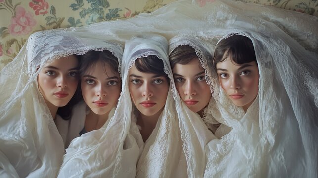 Five women wrapped in delicate white veils lay side by side with serious expressions. Muslin wives