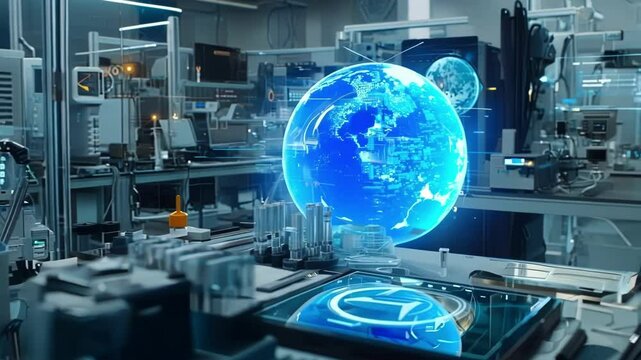 Hologram of planet earth materializing above a tablet in a laboratory setting. Innovative technology for global solutions