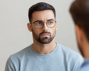 Obraz premium Gaslight manipulation toxic narcissism and abuse psychology concept. A thoughtful man with glasses gazes intently, suggesting contemplation or discussion in a neutral setting.