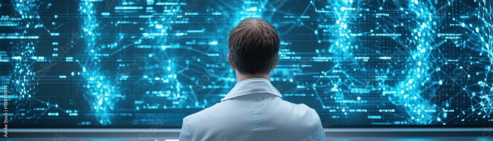 Poster a scientist analyzes digital data on a futuristic interface, surrounded by glowing blue patterns and