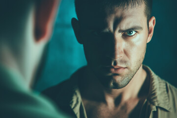 Gaslight manipulation toxic narcissism and abuse psychology concept. A tense portrait of a young man with a piercing gaze, reflecting intensity and emotion in a dramatic lighting setting.