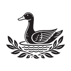 Duck silhouette vector.cute cartoon duck floating on water icon silhouette black page for kids. Vector illustration of duck floating on water icon silhouette black page isolated on white.