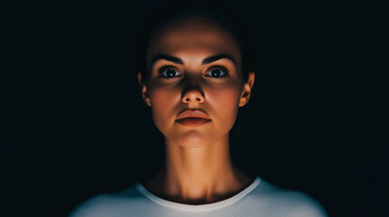 Gaslight manipulation toxic narcissism and abuse psychology concept. A woman gazes intently against a dark backdrop, exuding a sense of strength and determination.