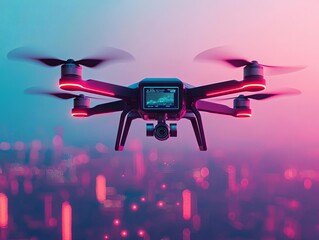 Stylish drone flying over a vibrant cityscape at dusk with colorful lights.