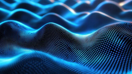 Dynamic blue holographic grid patterns digital space graphic design futuristic environment aerial view technology concepts