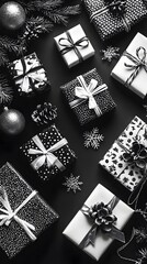 Fototapeta premium 89. A-Z arranged with traditional Christmas gift motifs, black and white background