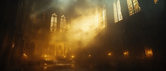 Mysterious, smoky interior of a gothic cathedral with stained glass windows and warm light.