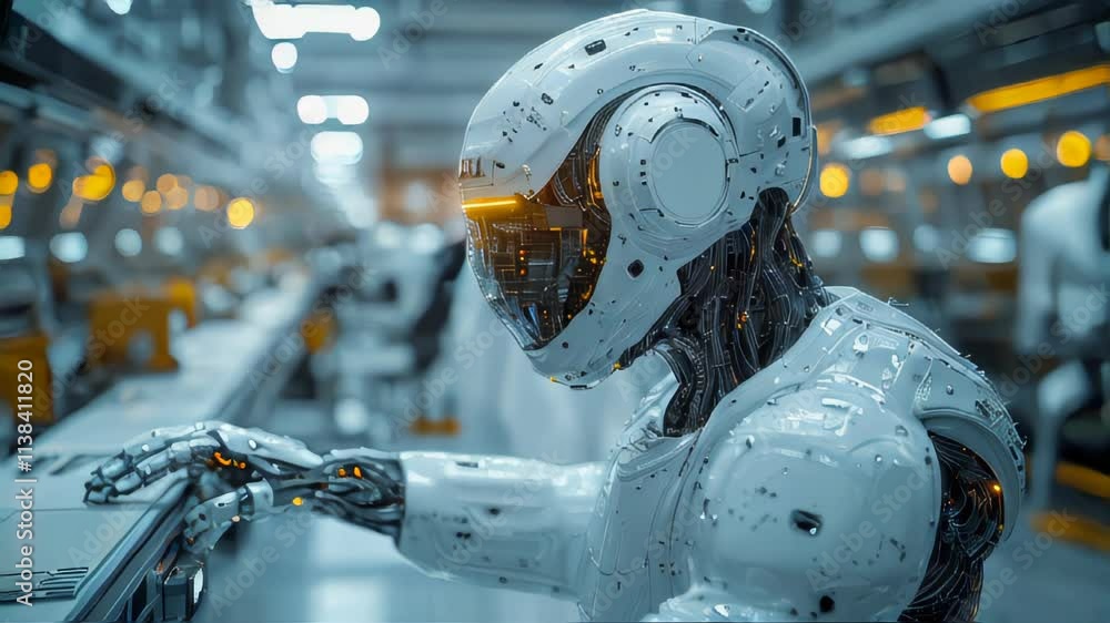 Poster futuristic humanoid robot with advanced mechanics working on a production line in an industrial sett