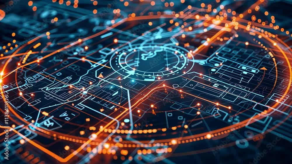 Poster complex network of interconnected nodes and pathways visualized on futuristic digital interface, rep