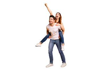 Full length body size view portrait of his he her she two nice lovely attractive playful cheerful...
