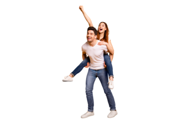 Full length body size view portrait of his he her she two nice lovely attractive playful cheerful cheery funny dreamy people having fun isolated over vivid shine bright yellow background