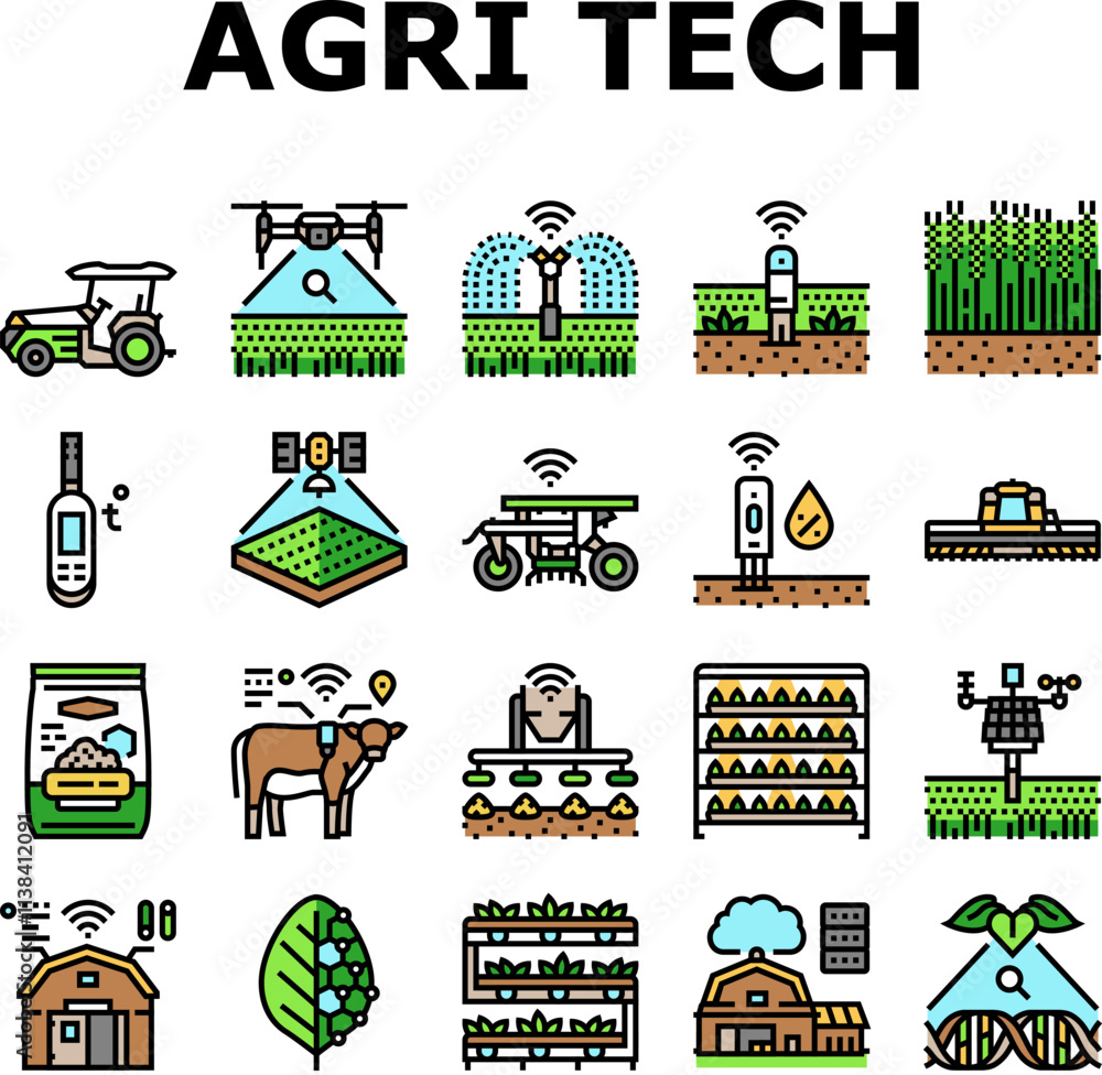 Poster agri tech precision drones iot icons set vector. sensors, robotics, automation, data analytics ai, m