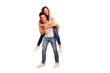 Full length body size view portrait of his he her she two nice attractive cheerful optimistic tender people wife husband having fun time isolated over vivid shine bright yellow background