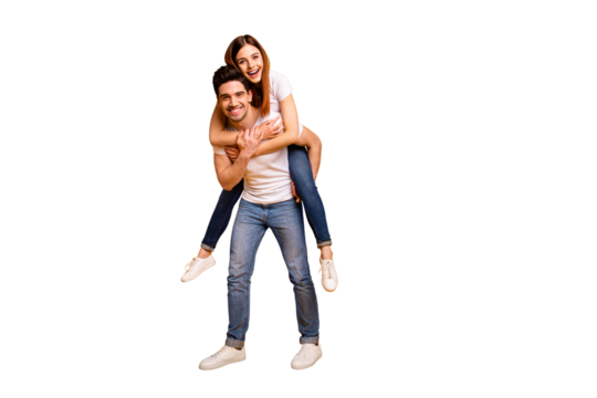 Full length body size view portrait of his he her she two nice attractive cheerful optimistic tender people wife husband having fun time isolated over vivid shine bright yellow background