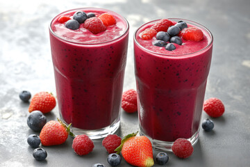 Two red berry smoothies topped with fresh fruit.