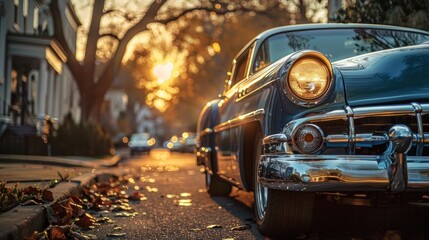 Classic car parked on residential street at sunset.