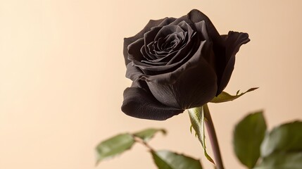 3. A close-up of a single black rose blooming against a pale background