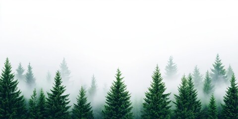 Fototapeta premium Beautiful misty forest with tall evergreen trees shrouded in fog and tranquility.