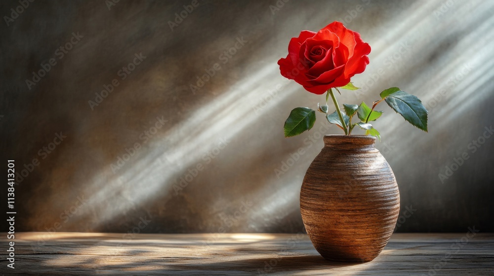 Wall mural Single Red Rose in a Brown Earthenware Vase