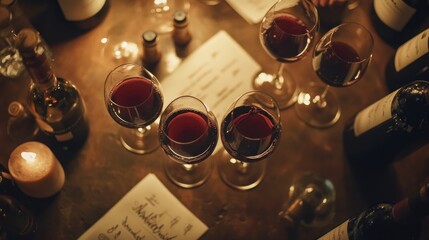 A cozy gathering featuring wine glasses, candles, and notes on a wooden table.