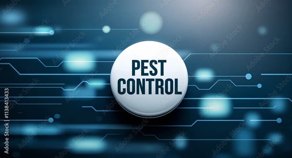 Poster pest control word lettering on a button in digital tech blur background