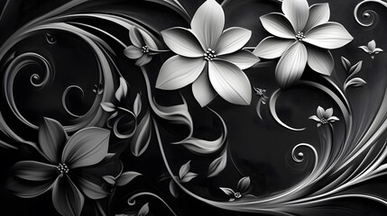 7. An abstract design of swirling vines and flowers, rendered in black and white