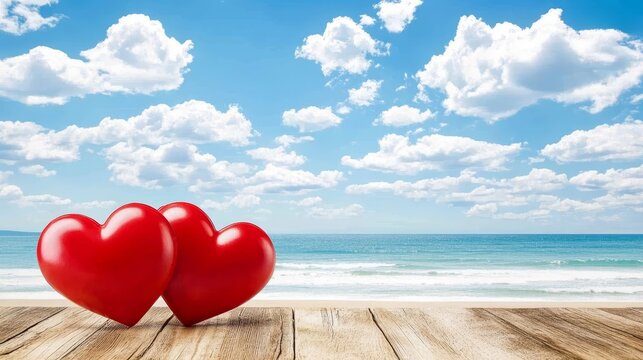 Two Red Hearts Beach Summer Love Romance Ocean Sky