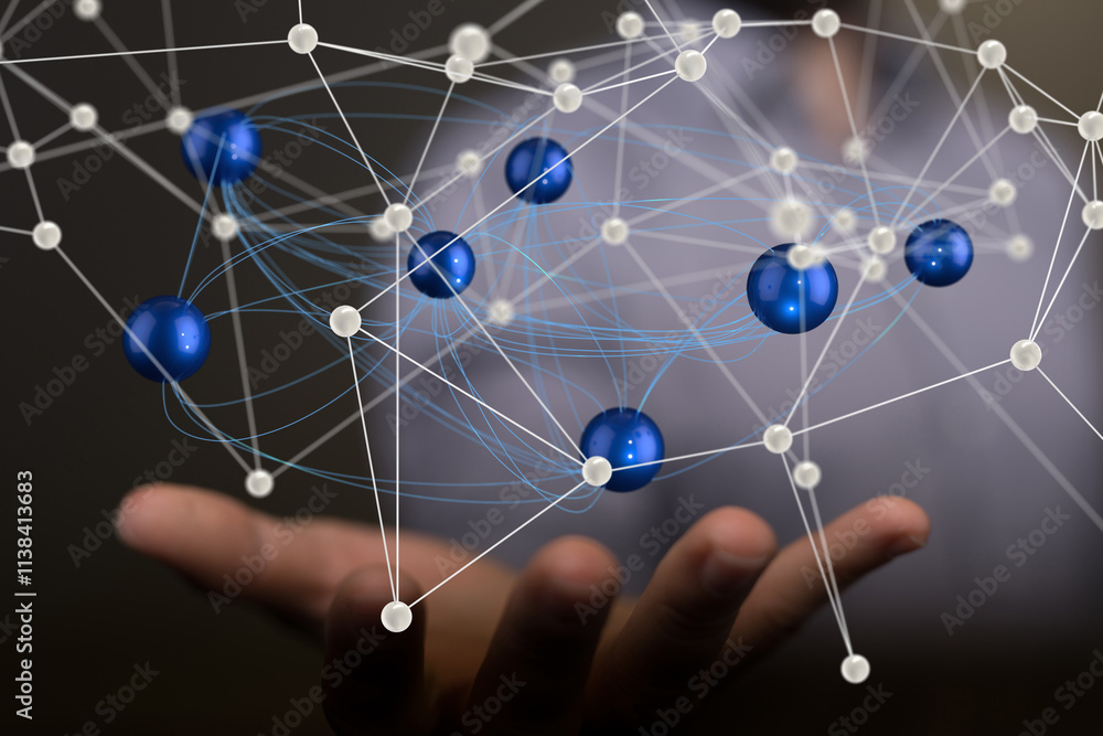Poster Neural network 3D illustration. Big data and cybersecurity