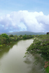 Vertical view of a tranquil mountain river flowing through a lush valley with towering peaks and a clear sky.