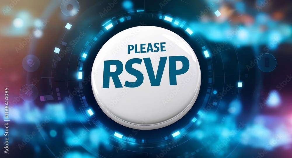 Poster please rsvp word lettering on a button in digital tech blur background
