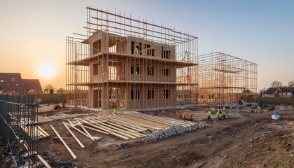 New family houses under construction at sunset with scaffolding and materials scattered around the site