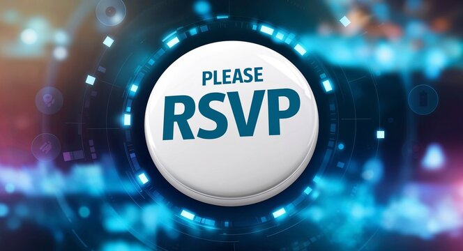 please rsvp word lettering on a button in digital tech blur background